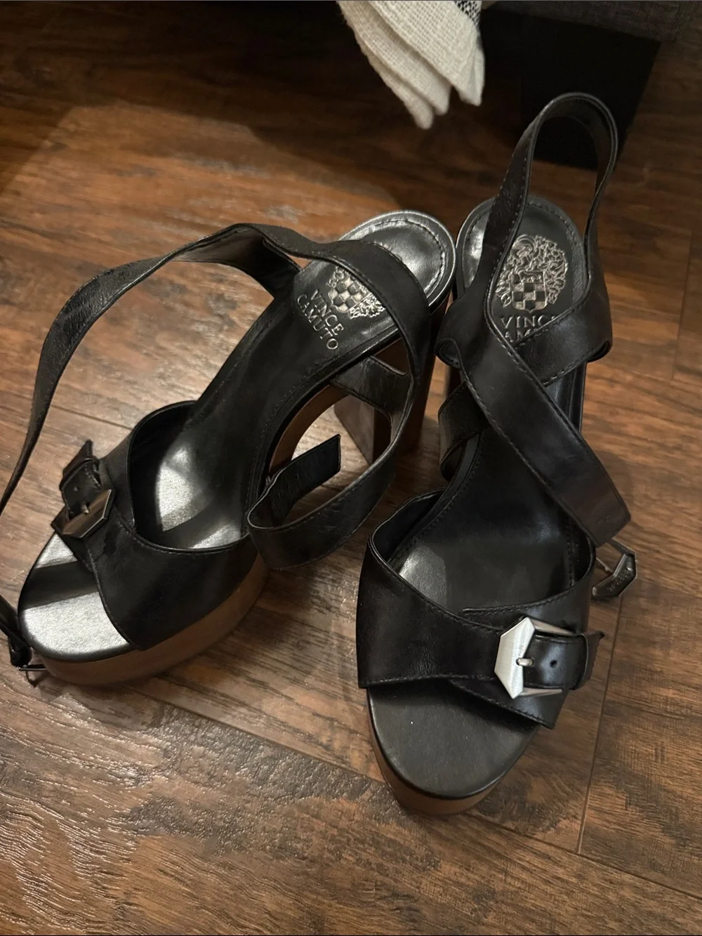 Vince Camuto Black Leather Crisscross Platform Sandals with Buckle